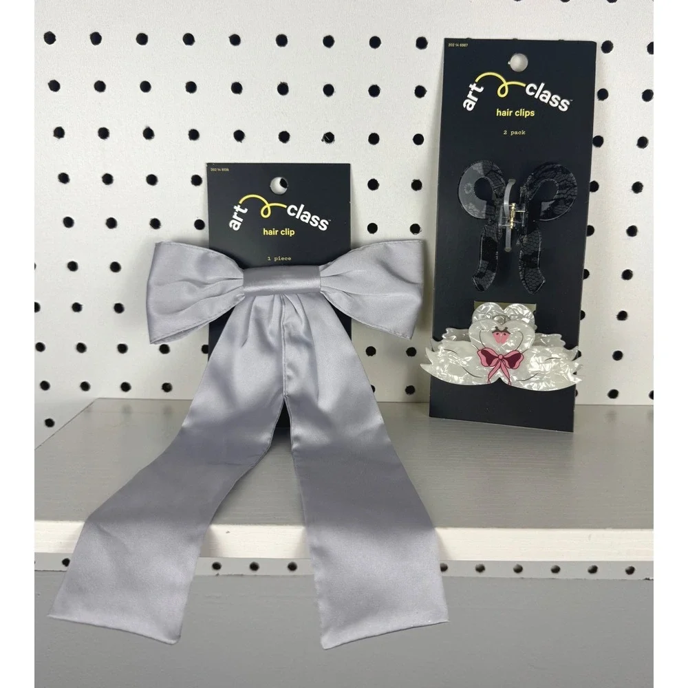 Art Class Hair Clip Bundle Grey Satin Bow and Swan Lace Claw Clips 3pc Set NWT